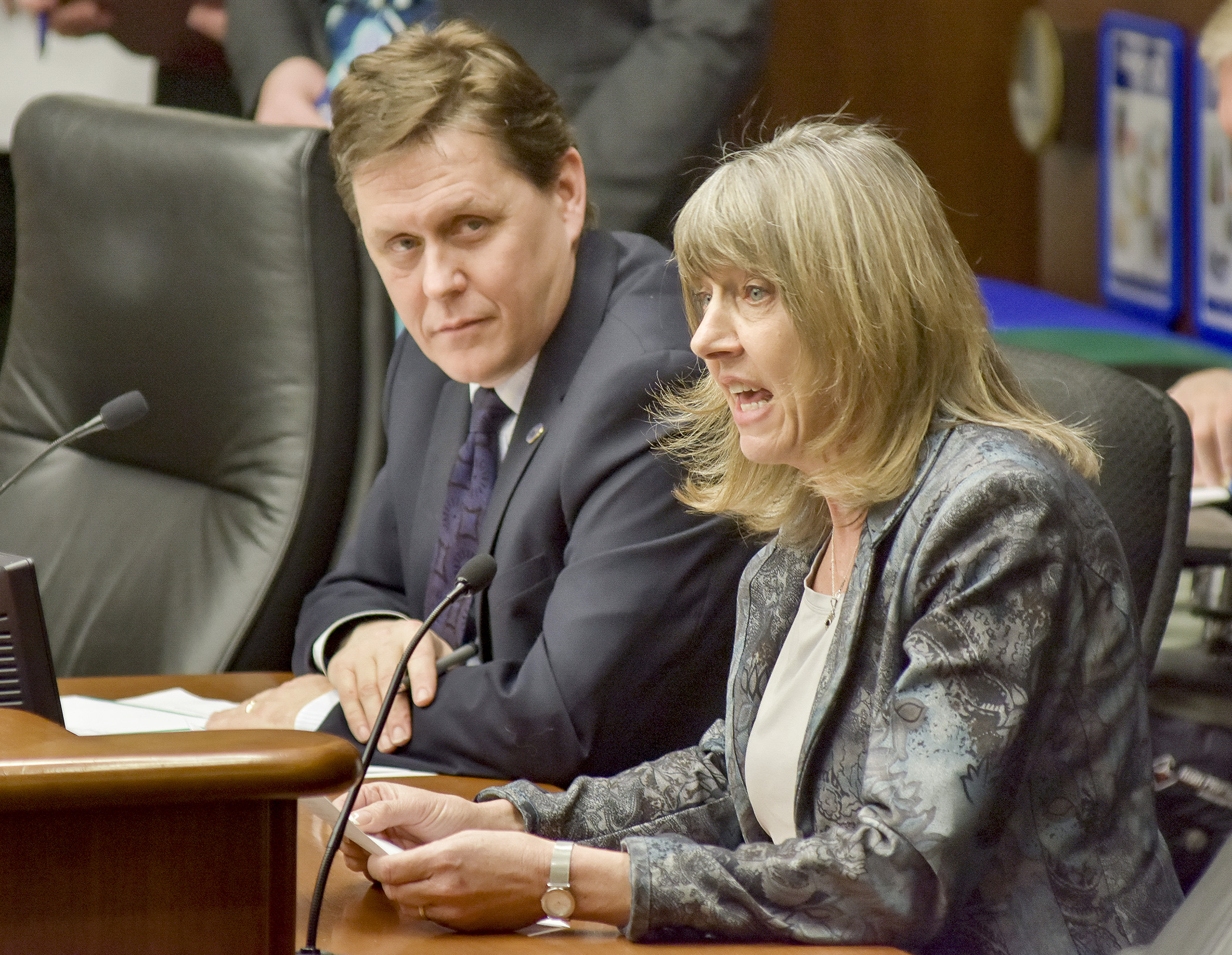 Jenny Peterson, executive director of Generations Health Care Initiatives, testifies before the House Health and Human Services Finance Committee March 22 in opposition to a bill sponsored by Rep. Matt Dean, left, that would require MNsure be transitioned to a federally facilitated marketplace. Photo by Andrew VonBank